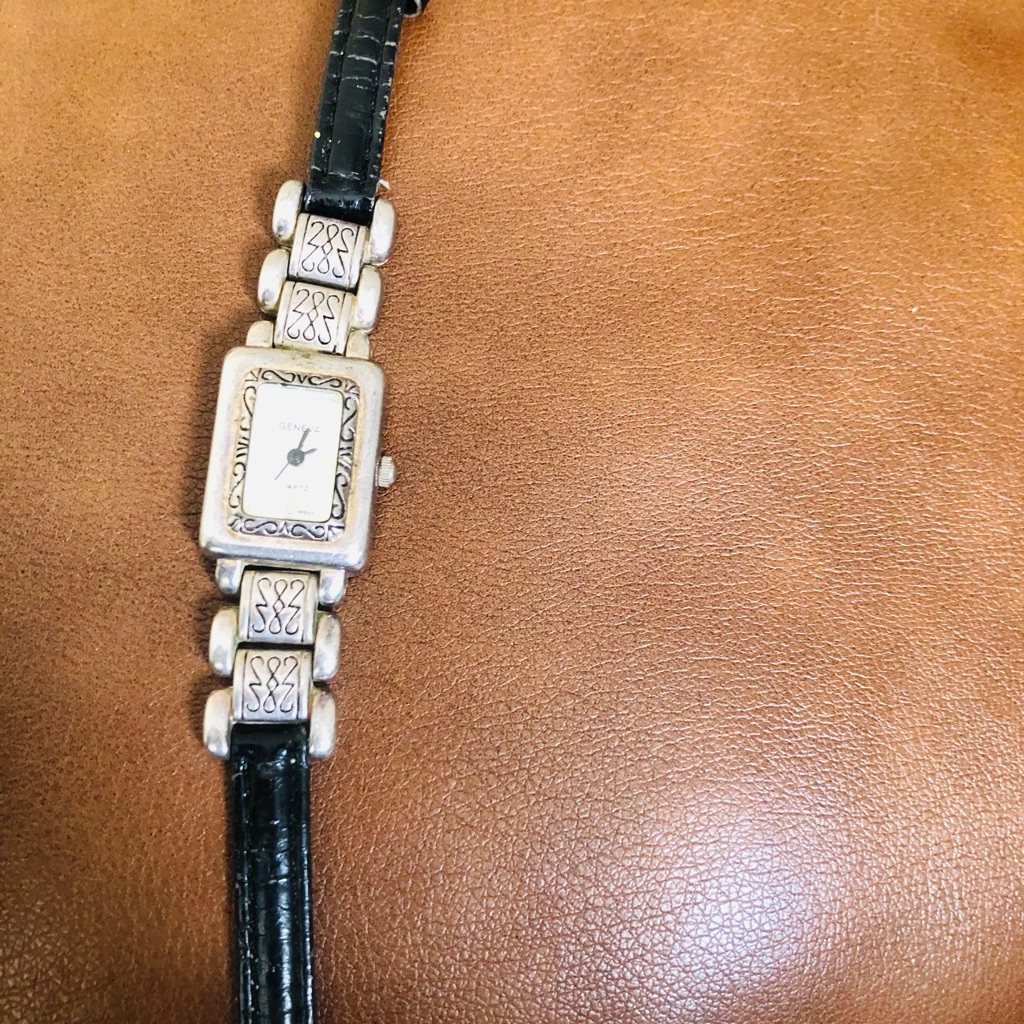 Silver Watch With Black Leather Strap